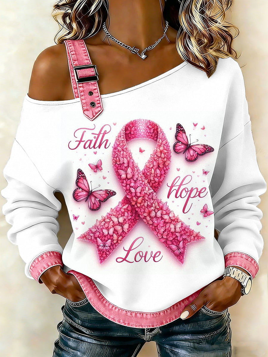 Women's Breast Cancer Printed One Shoulder Suspender Casual Sweater