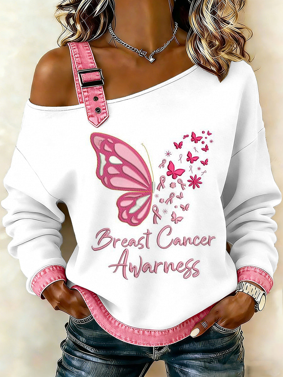 Women's Breast Cancer Printed One Shoulder Suspender Casual Sweater