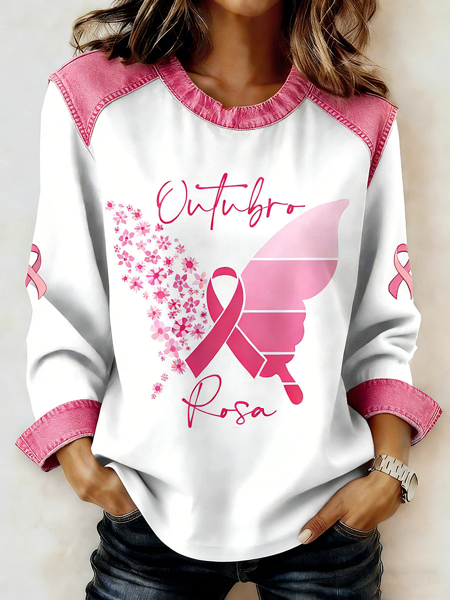 Women's Breast Cancer Printed Collar Long Sleeve Sweatshirt
