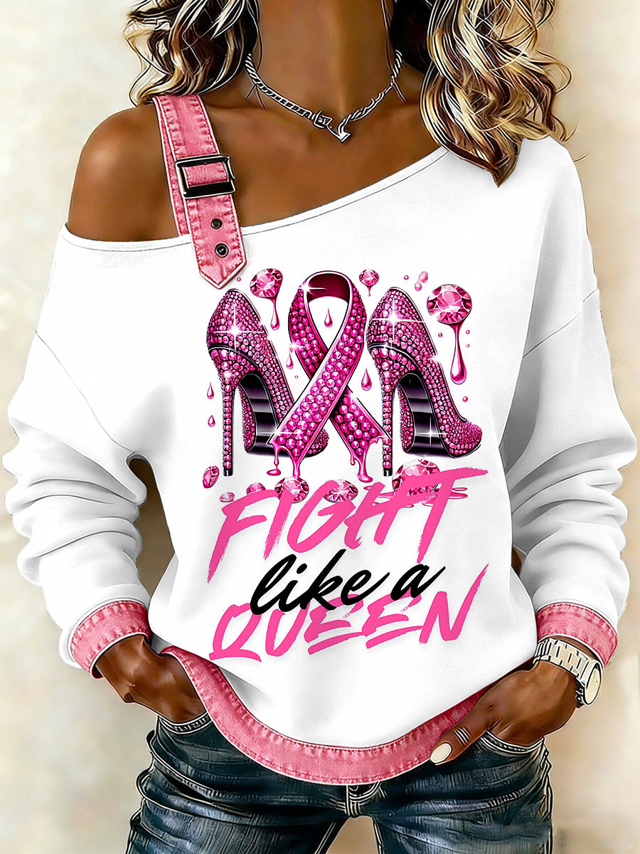 Women's Breast Cancer Printed One Shoulder Suspender Casual Sweater