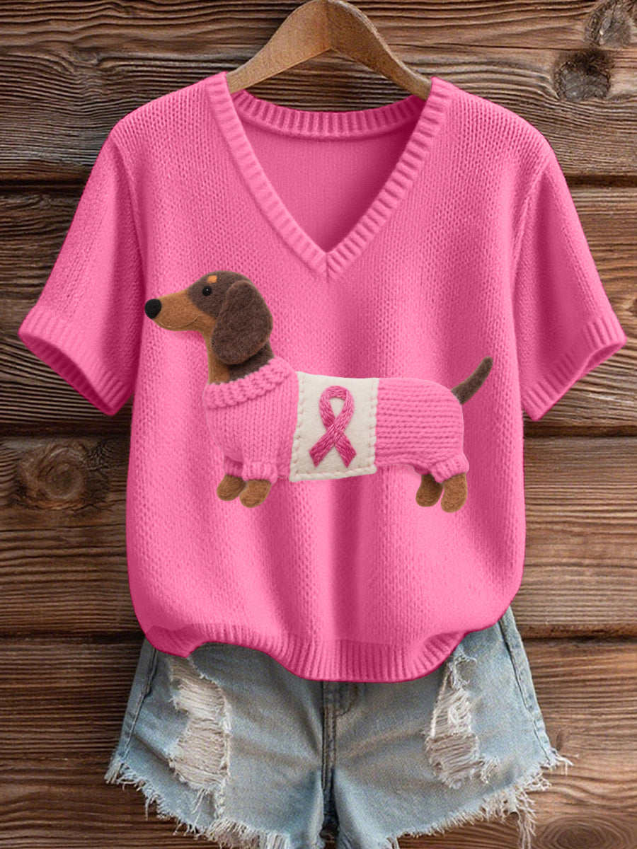 Women's Felt Art Dachshund Pattern Cozy V-Neck Knit Top