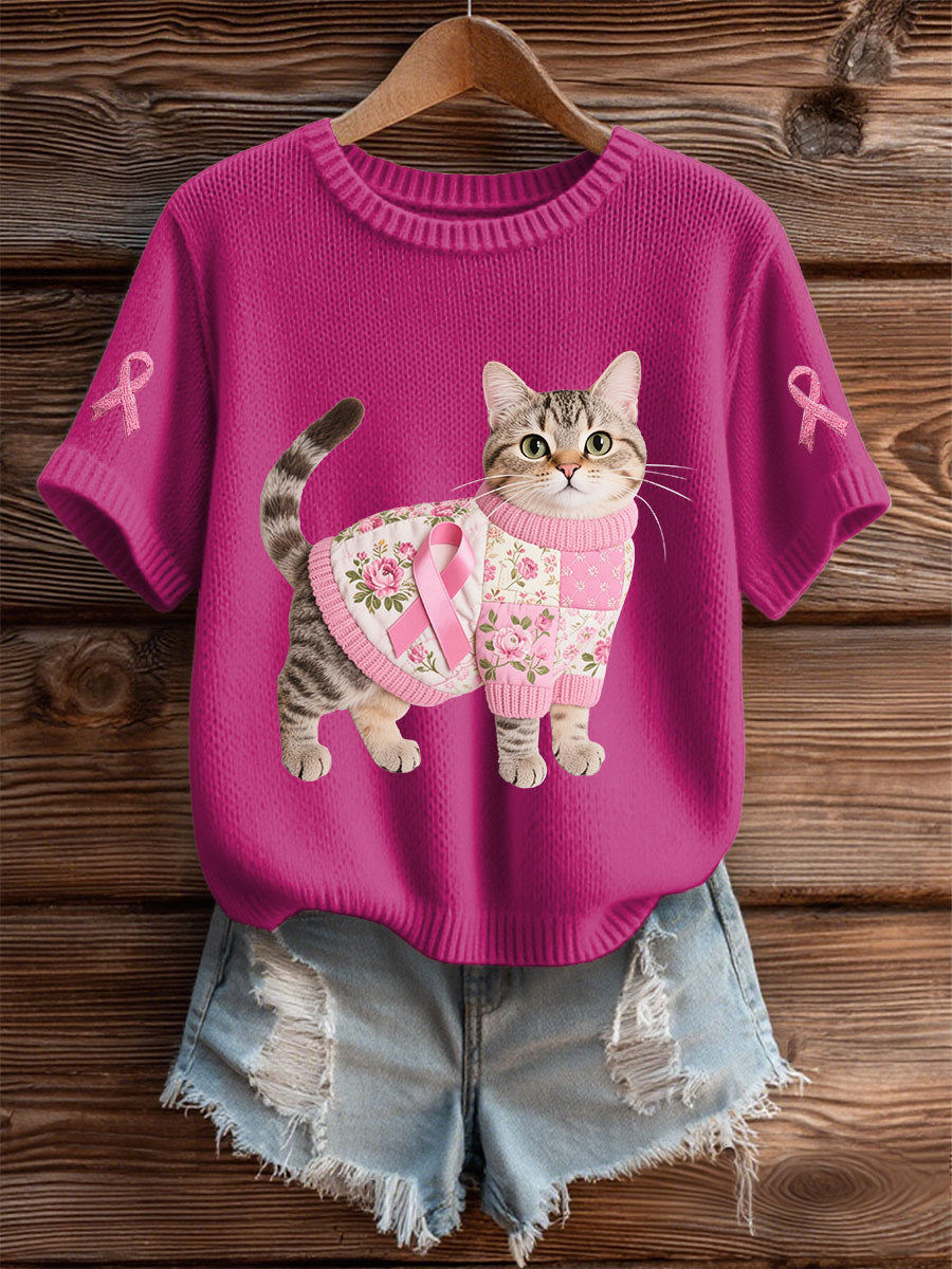 Women's Cat Pink Ribbon Print Casual T-shirt