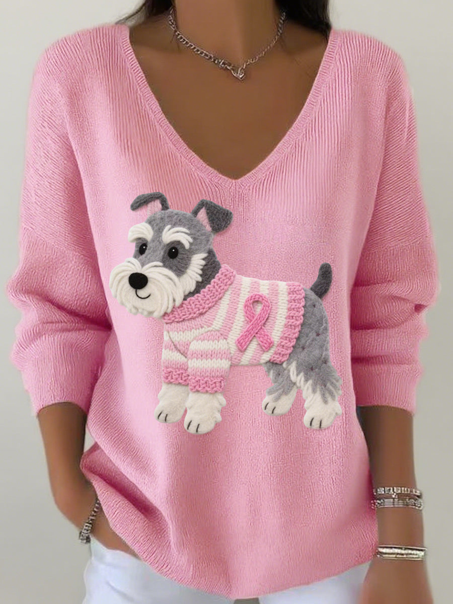 Women's Felt Art Schnauzer Pattern V-Neck Ribbed Top