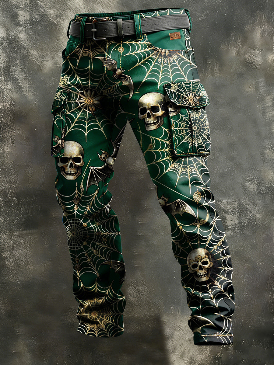 Men's Retro Vacation Business Spider Web Skull Art Print Casual Workwear Trousers