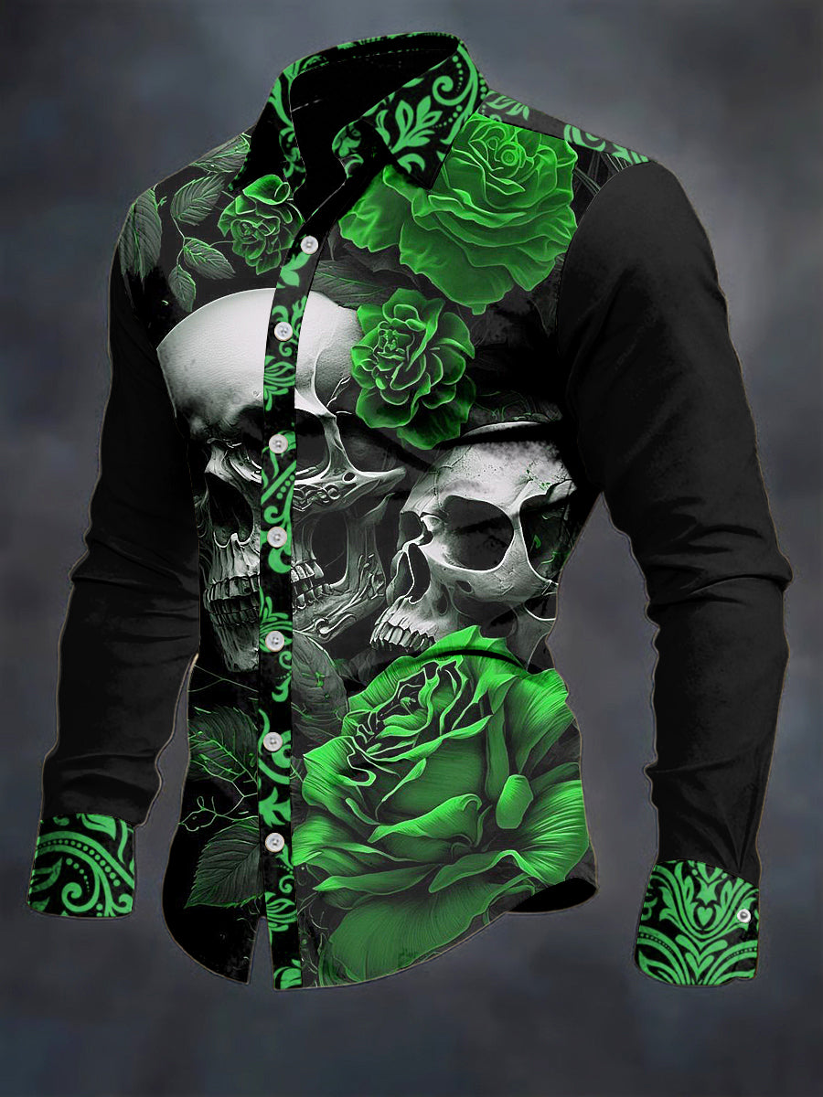 Men's Skull Flower Printed Long Sleeve Casual Shirt