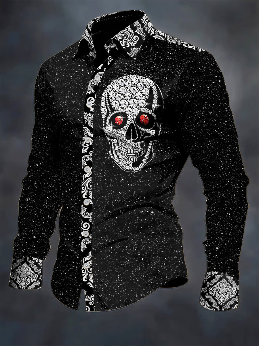 Men's Diamond Glitter Skull Printed Long Sleeve Casual Shirt