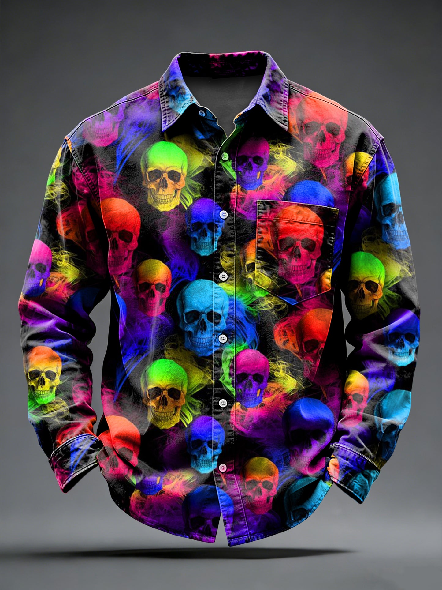 Men's Retro Punk Psychedelic Skull Printed Long Sleeved Pocket Shirt