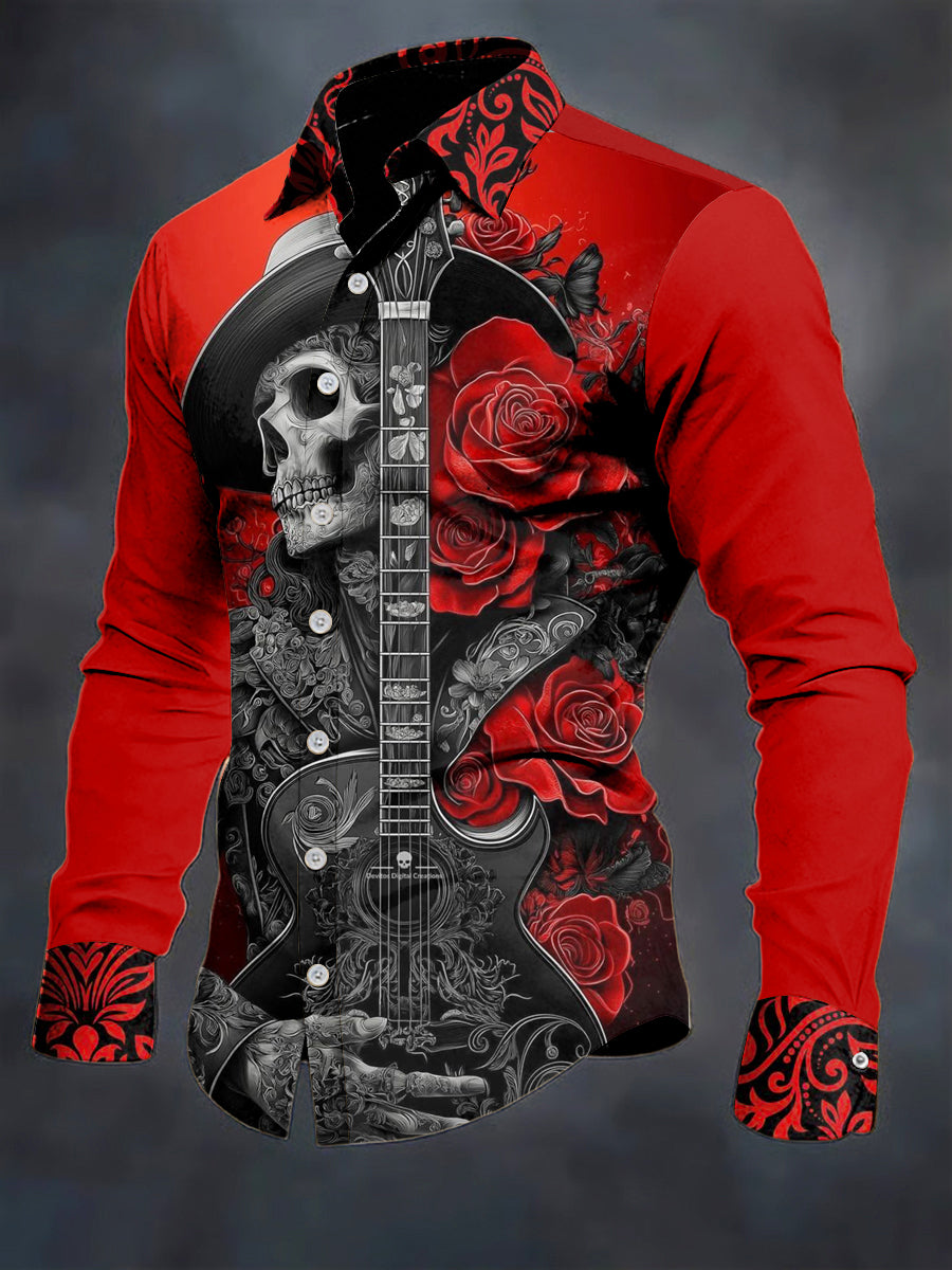 Men's Skull Flower Printed Long Sleeve Casual Shirt