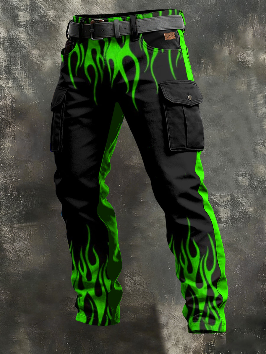 Men's Retro Vacation Business Flame Art Print Casual Workwear Trousers
