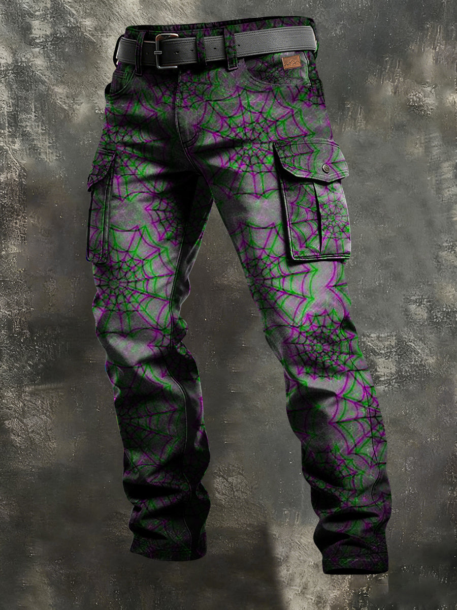 Men's Retro Vacation Business Psychedelic Spider Web Art Print Casual Workwear Trousers