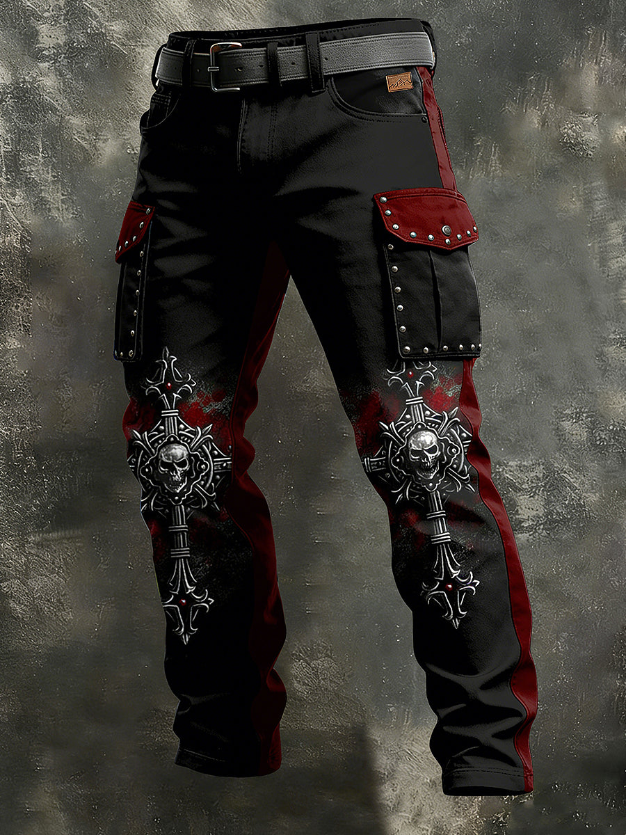 Men's Retro Vacation Business Punk Cross Skull Art Print Casual Workwear Trousers