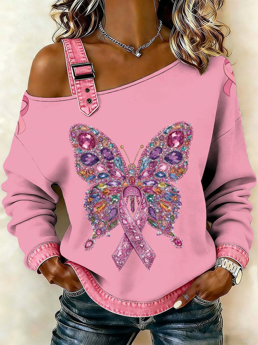 Women's Breast Cancer Printed One Shoulder Suspender Casual Sweater