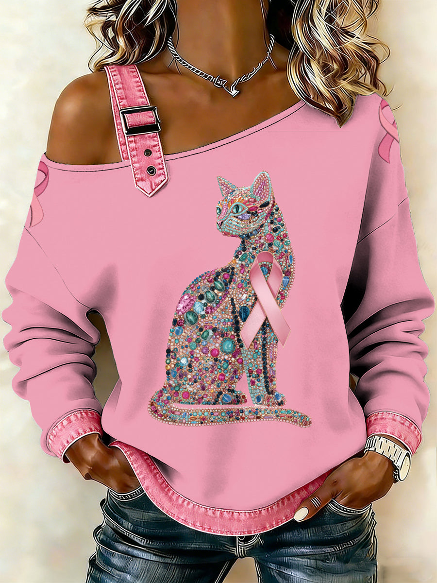 Women's Breast Cancer Printed One Shoulder Suspender Casual Sweater