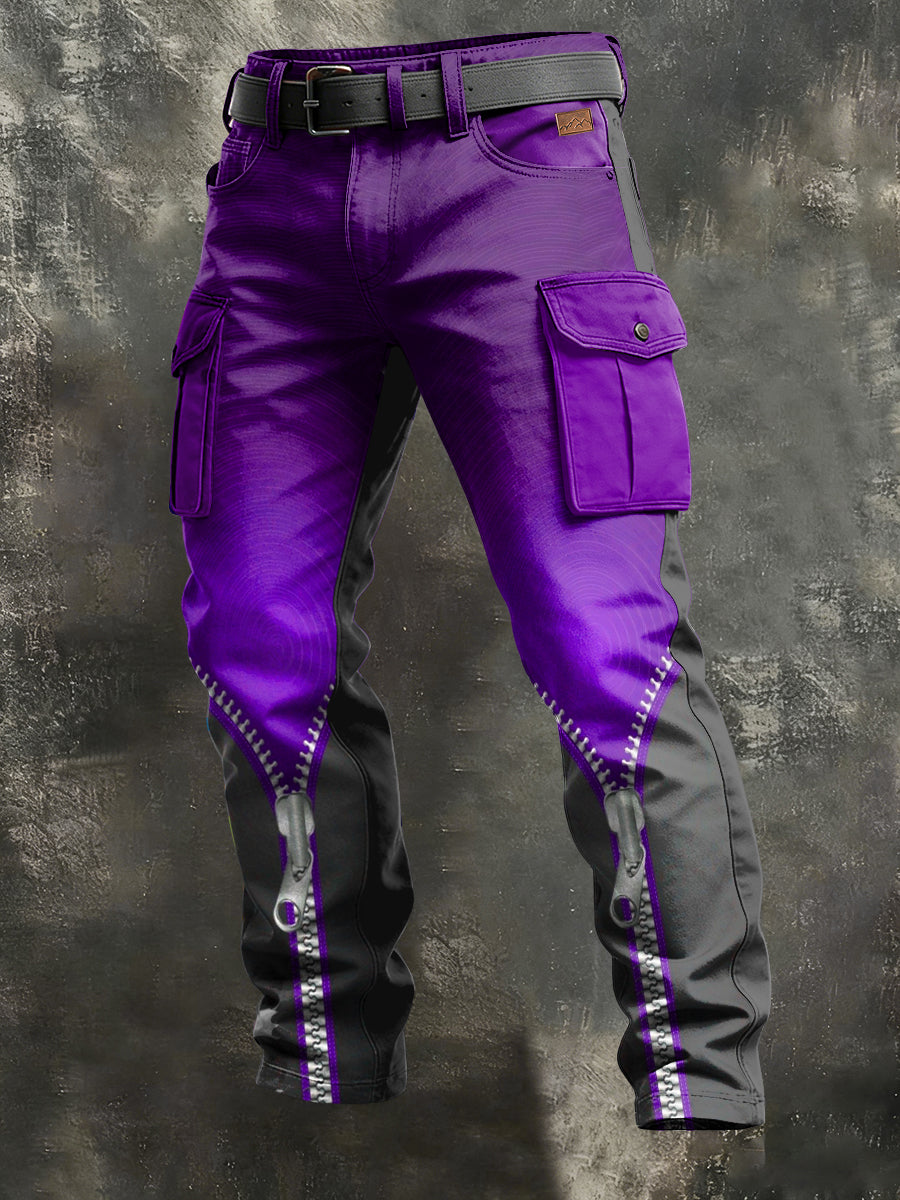Men's Retro Vacation Business Zipper Art Print Casual Workwear Trousers