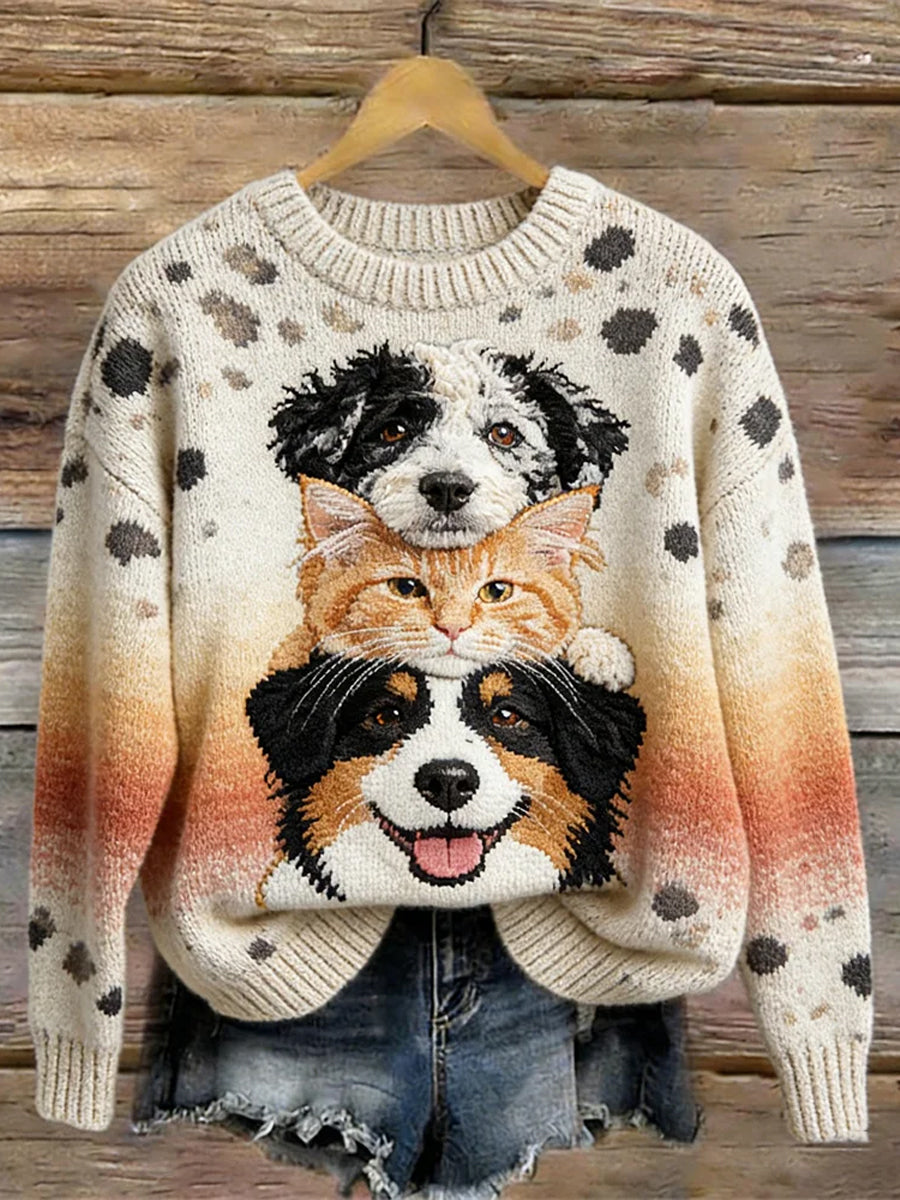 Women's Cute Pet Dog & Cat Animal Art Sweater