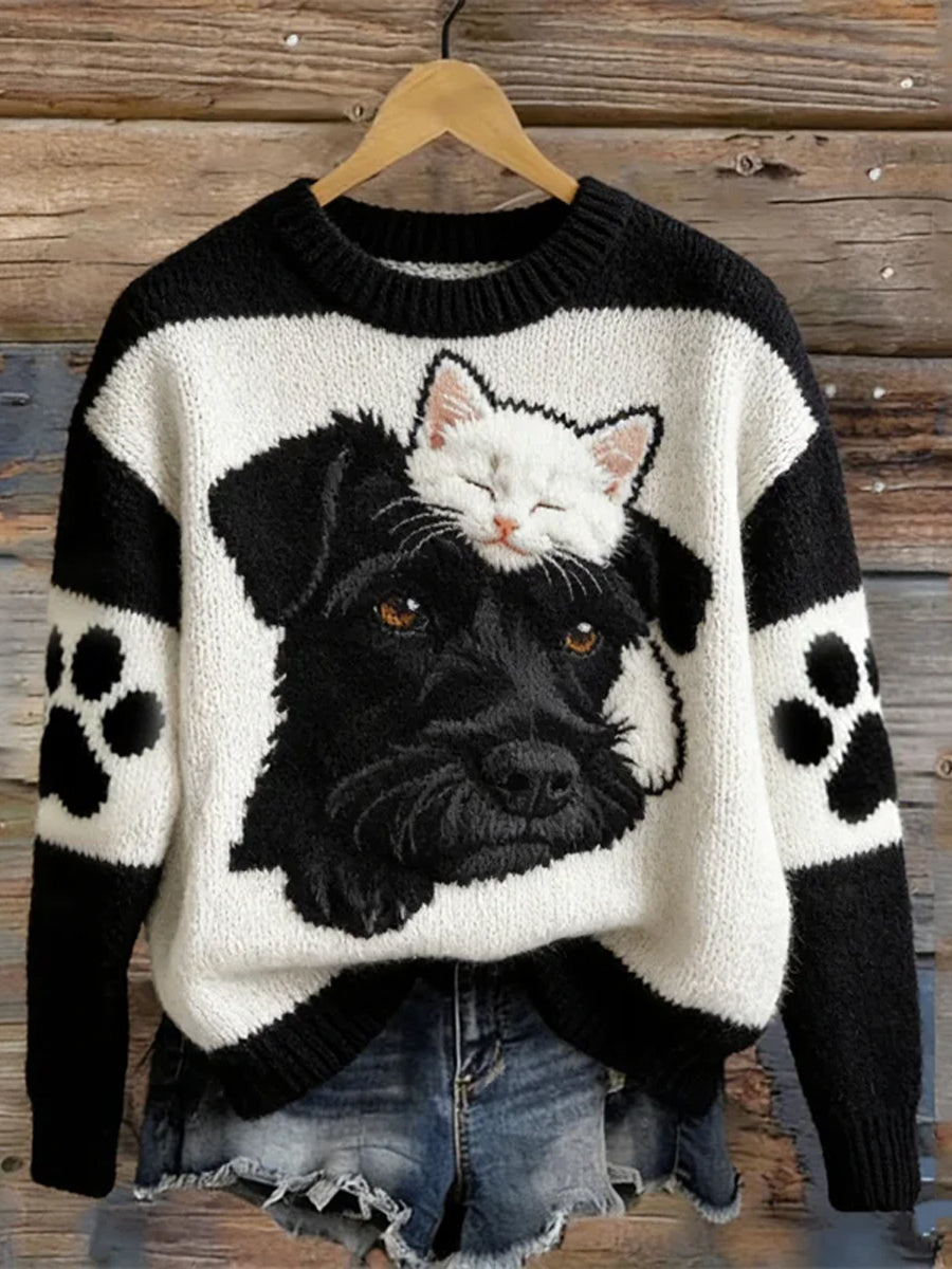 Women's Funny Cute Black Dog & White Cat Cozy Sweater