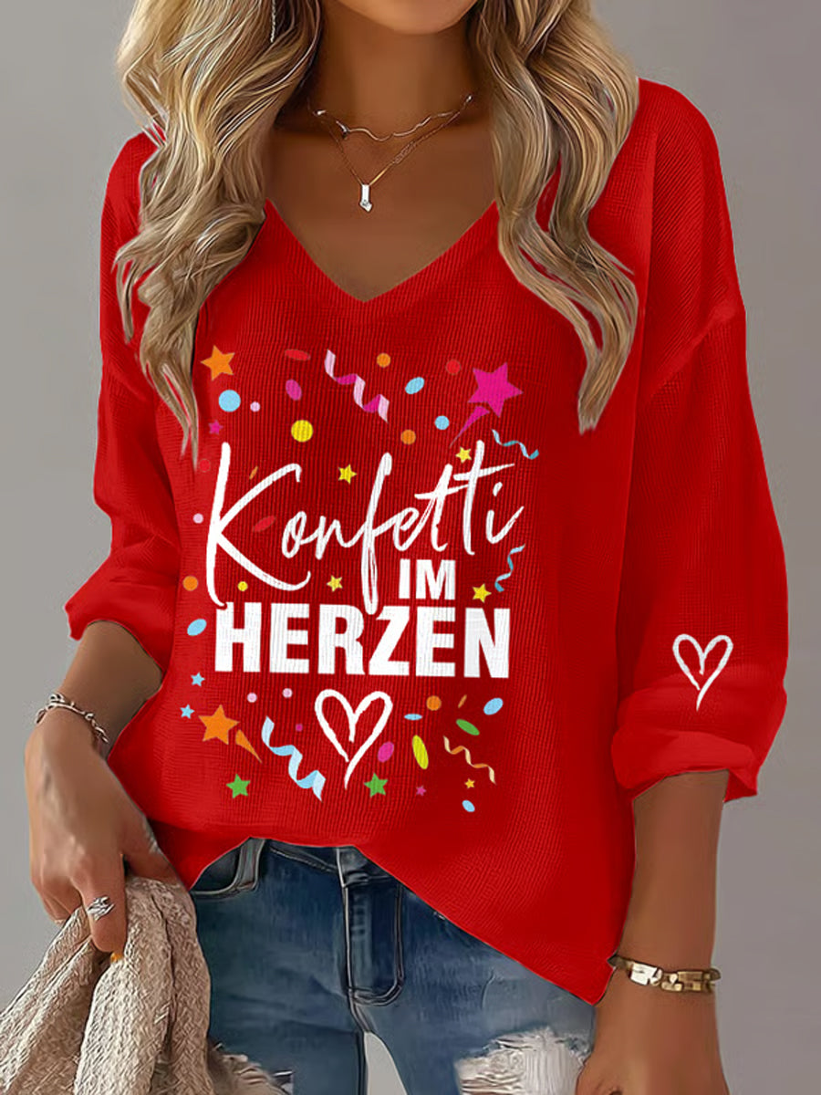 Women's Cologne Carnival Print Casual Waffle Long Sleeve T-Shirt