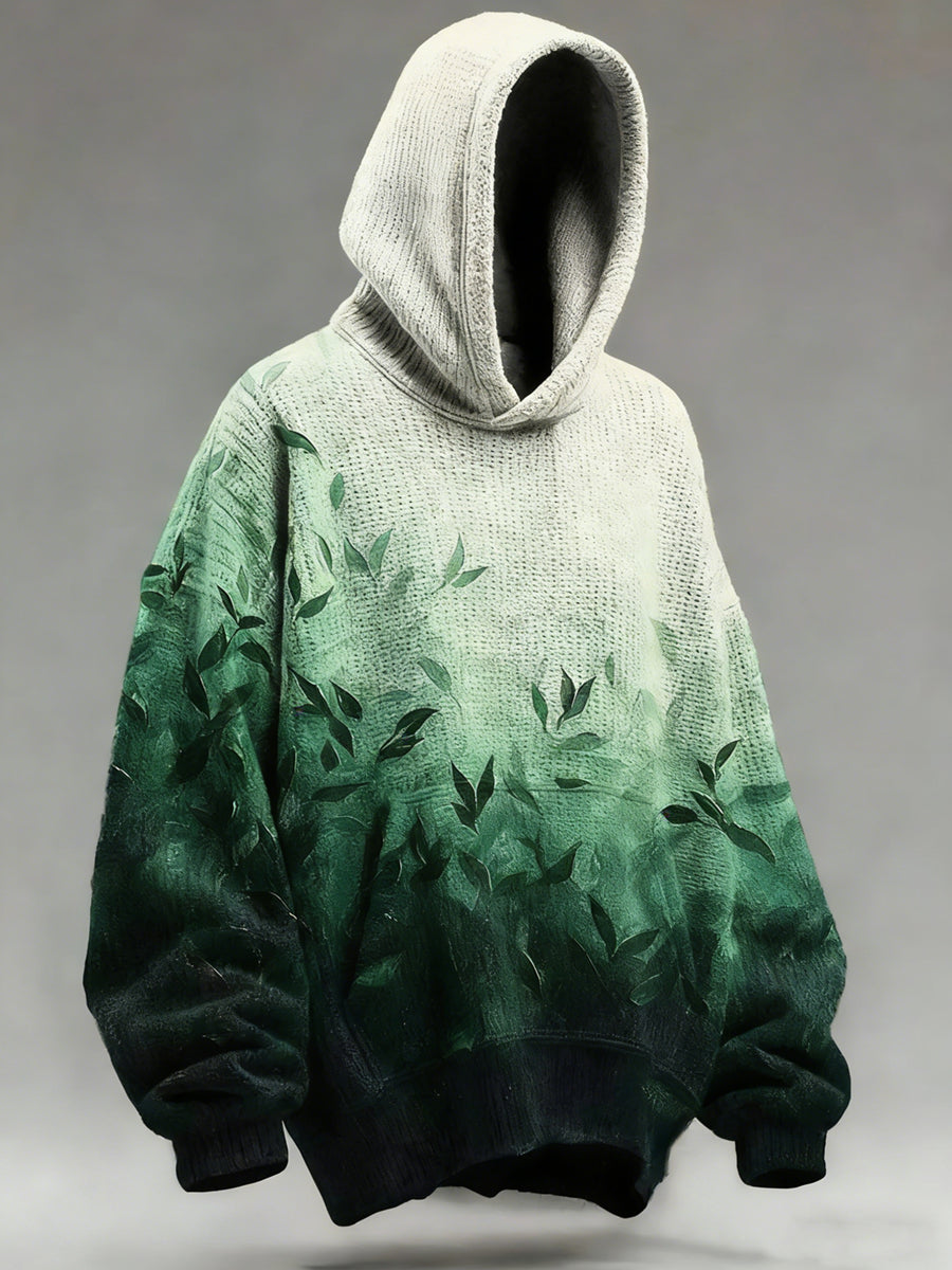 Men's Gradient Leaf Printed Long Sleeved Hooded Sweatshirt