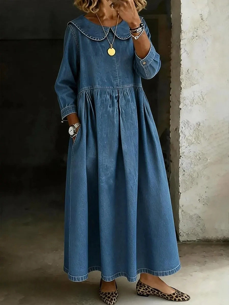 Women's Solid Color Peter Pan Collar Long-sleeved Casual Loose Denim Dress