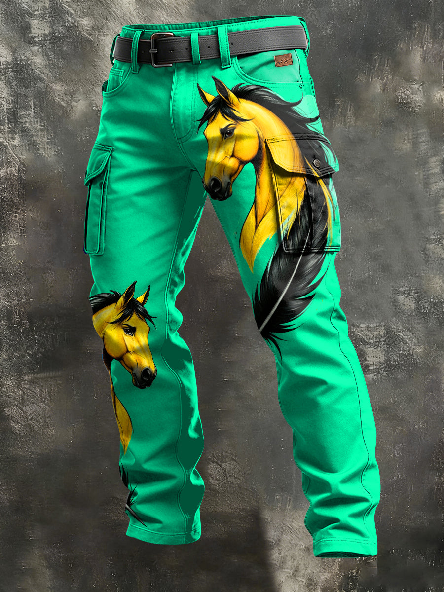 Men's Retro Vacation Business Horse Art Print Casual Workwear Trousers