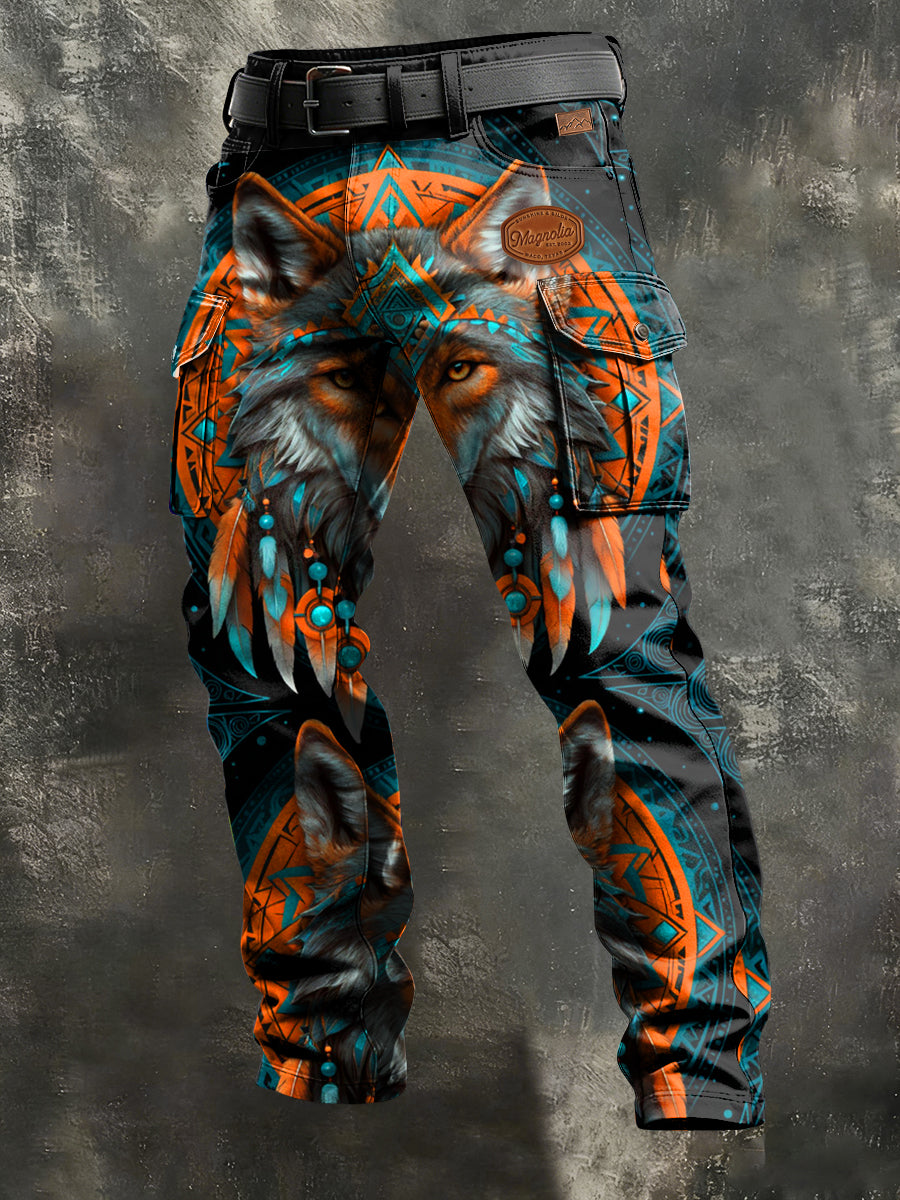 Men's Retro Vacation Business Wolf Art Print Casual Workwear Trousers