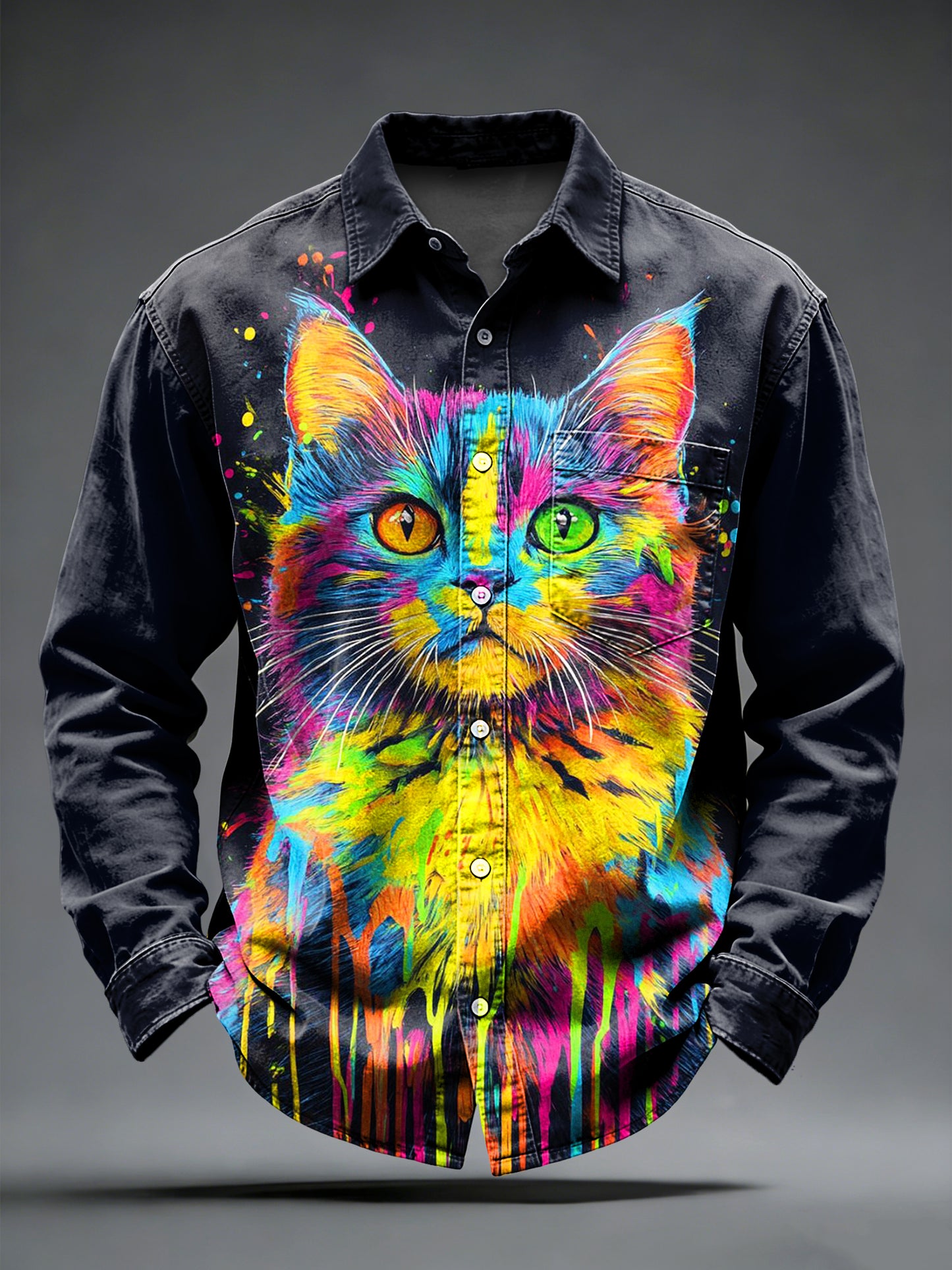Men's Retro Psychedelic Punk Cat Printed Long Sleeved Pocket Shirt