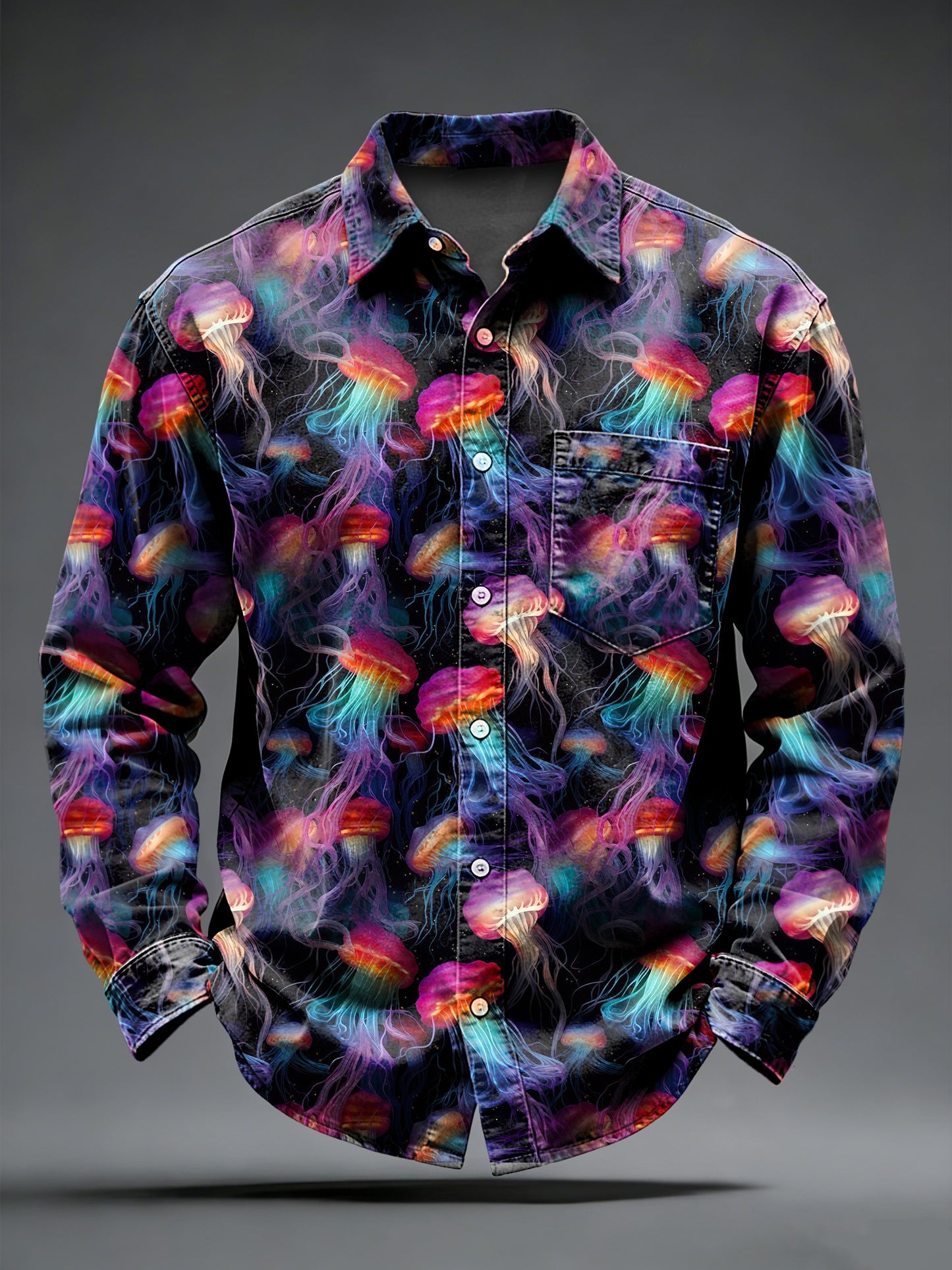 Men's Retro Psychedelic Punk Jellyfish Printed Long Sleeved Pocket Shirt