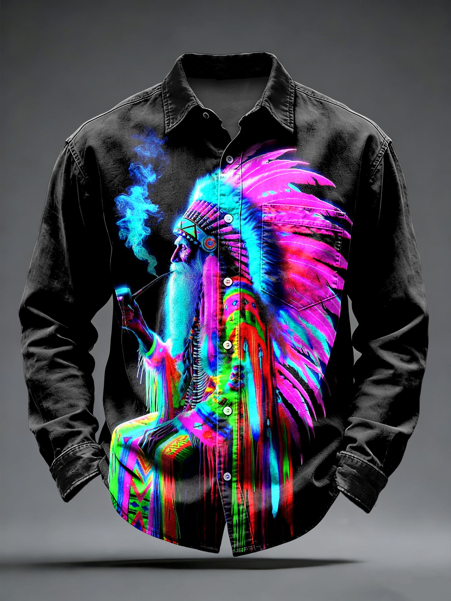 Men's Retro Psychedelic Punk Printed Long Sleeved Pocket Shirt