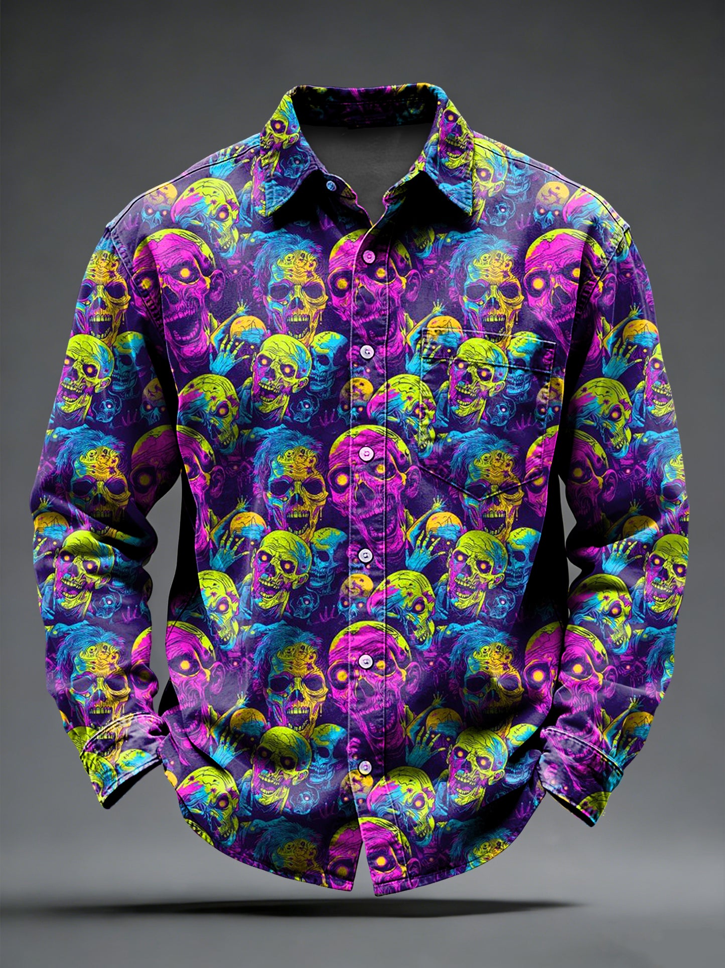 Men's Retro Psychedelic Punk Skull Printed Long Sleeved Pocket Shirt