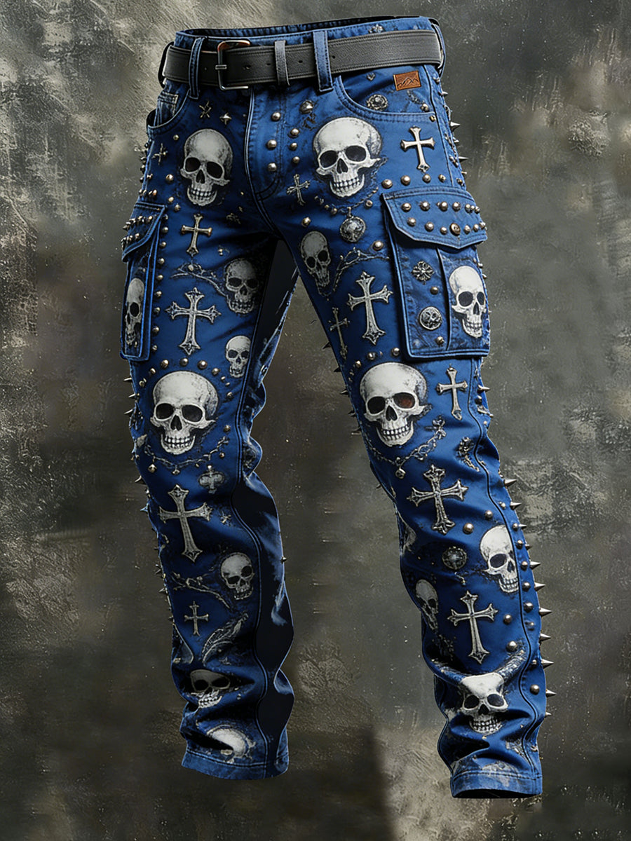 Men's Retro Vacation Business Punk Skull Art Print Casual Workwear Trousers