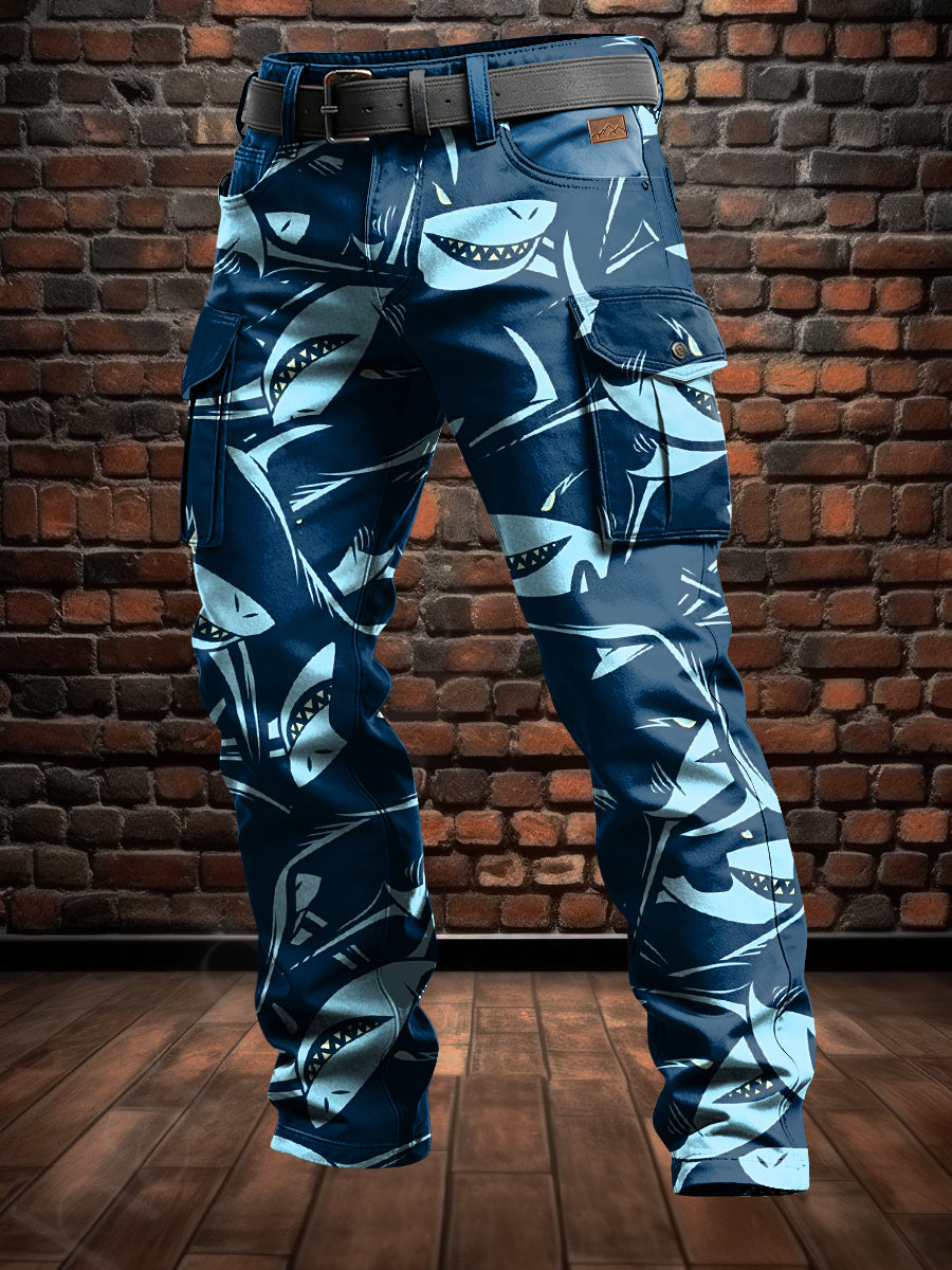 Men's Retro Vacation Business Shark Art Print Casual Workwear Trousers