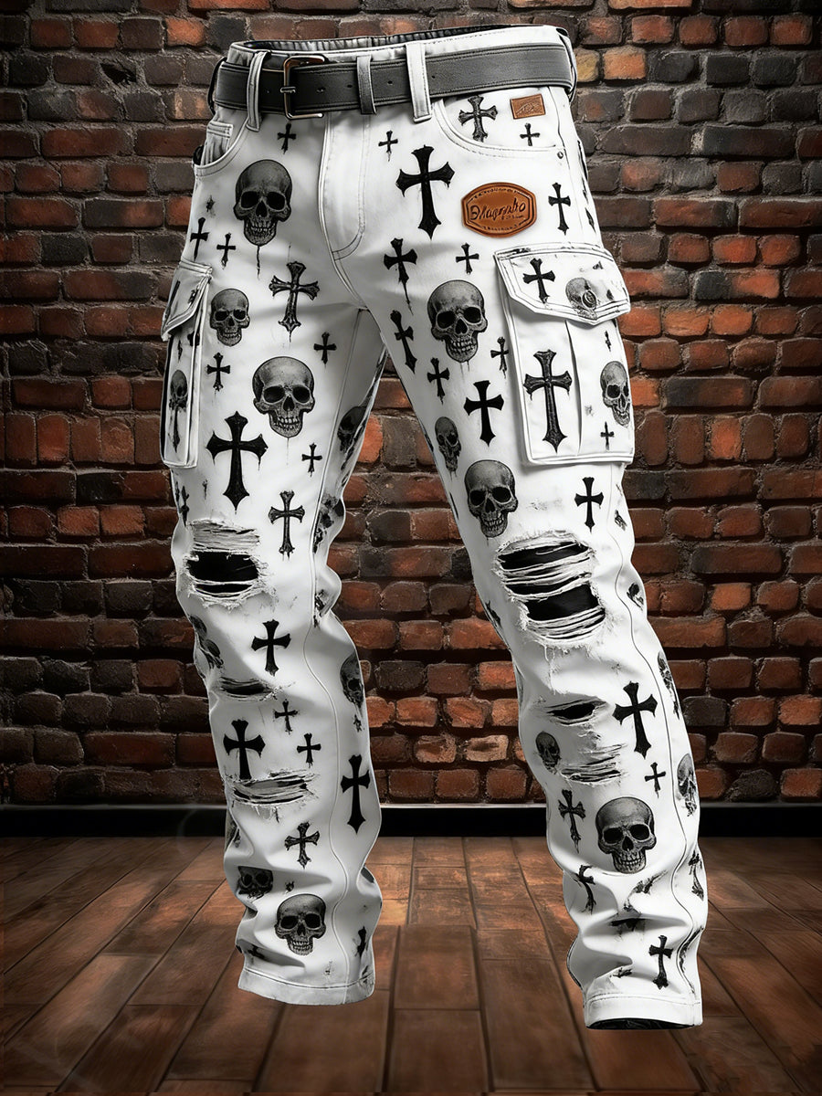 Men's Retro Vacation Business Punk Skull Art Print Casual Workwear Trousers