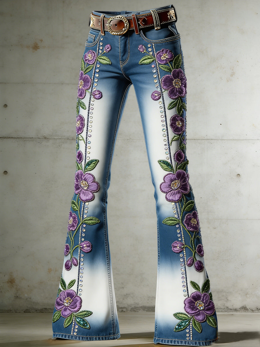 Women's Flower Art Print Flared Trousers
