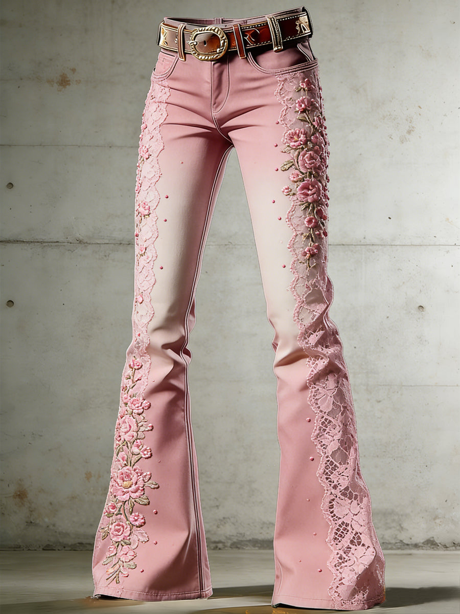Women's Flower Art Print Flared Trousers