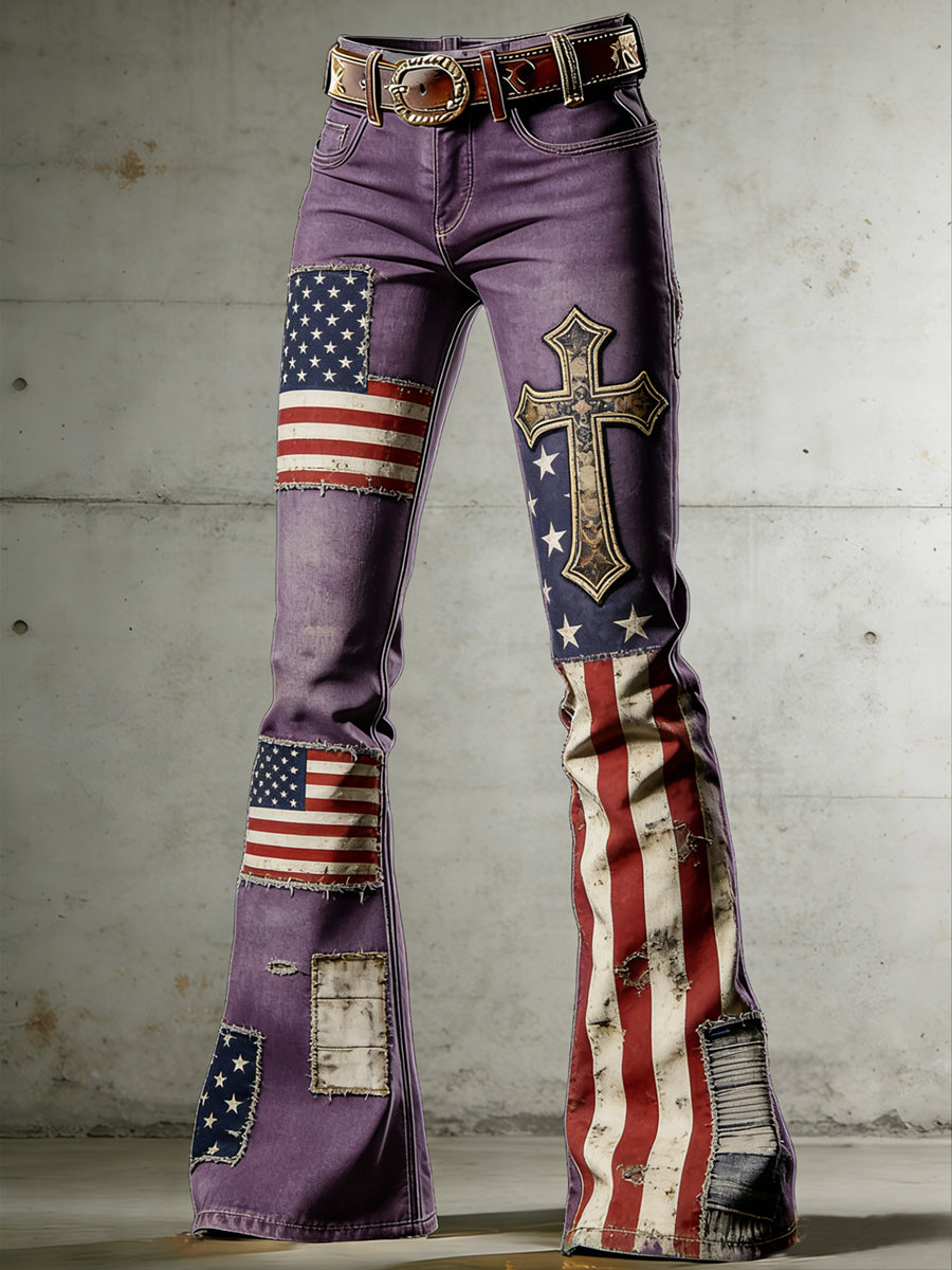 Women's American Flag Art Print Flared Trousers