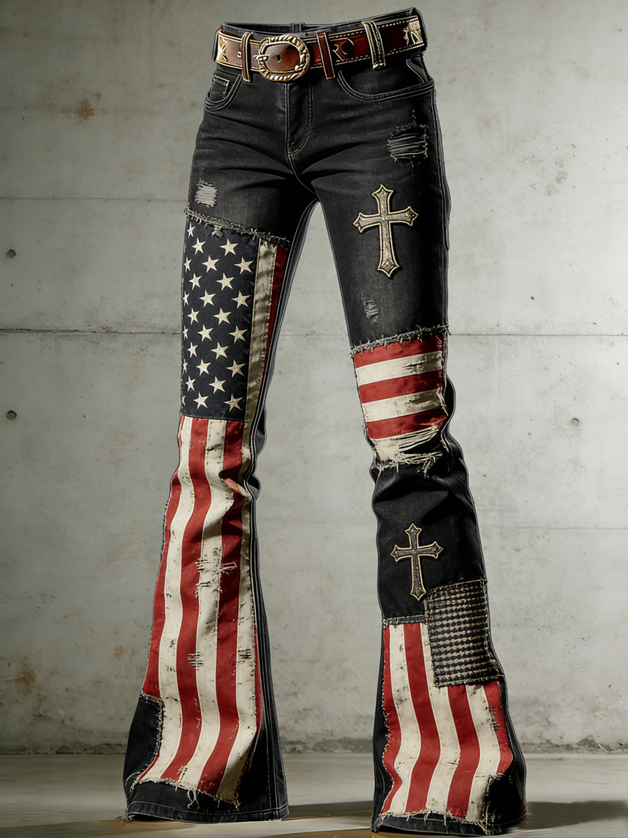 Women's American Flag Art Print Flared Trousers