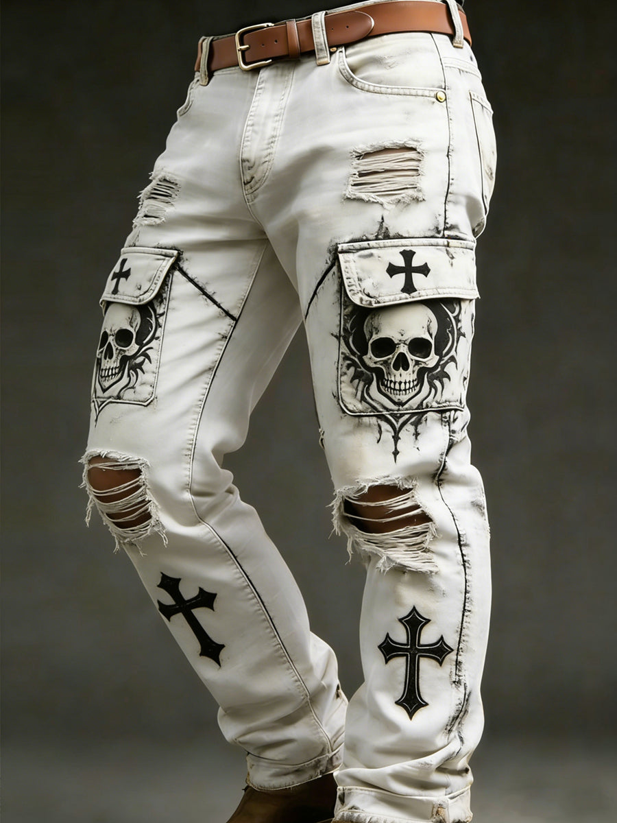 Men's Retro Vacation Business Skull Art Print Casual Workwear Trousers