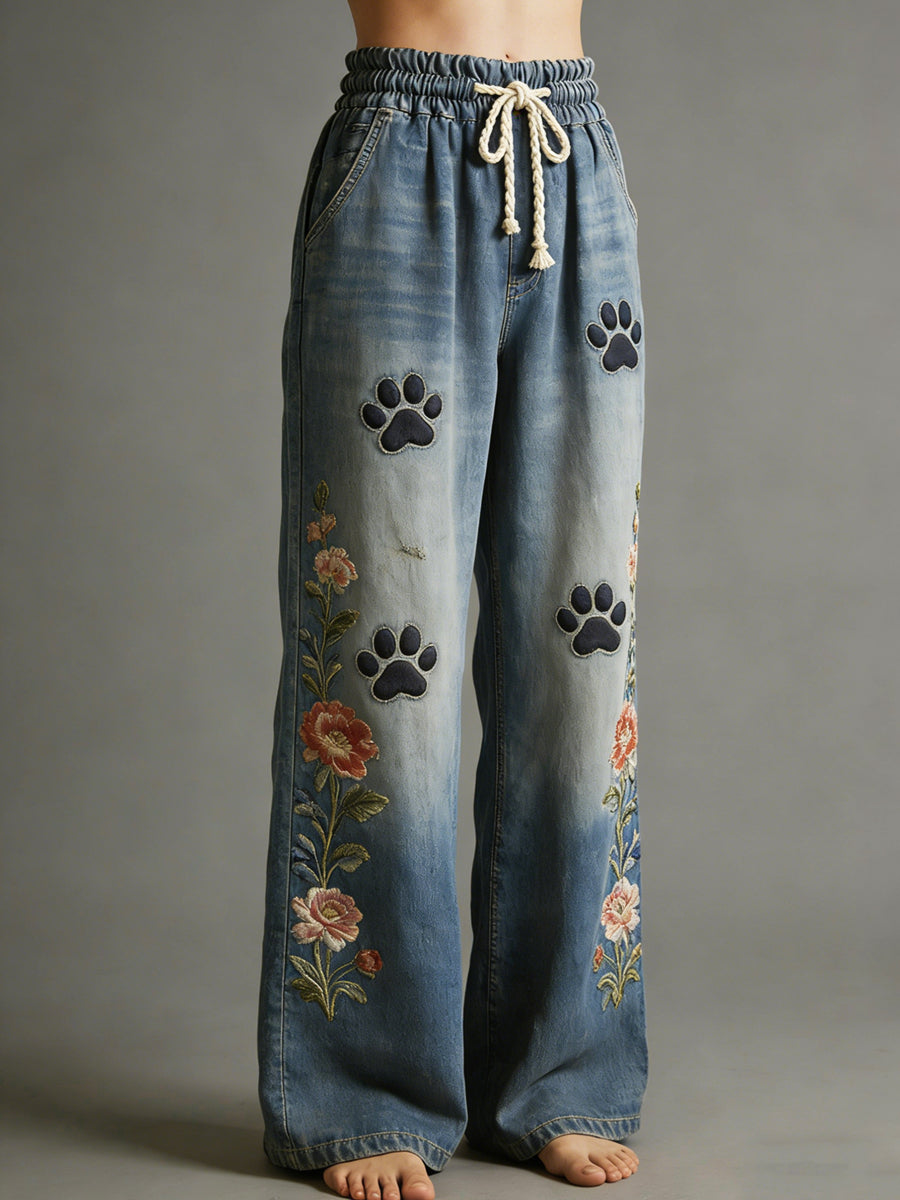 Women's Art Dog Paw Print Trousers