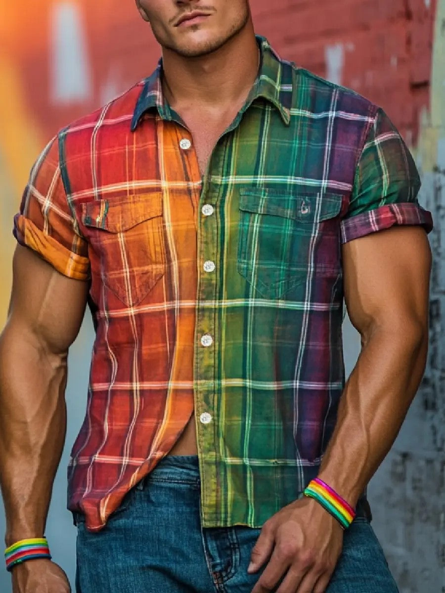 Men's Pride Month Rainbow Plaid Art Printed Shirt