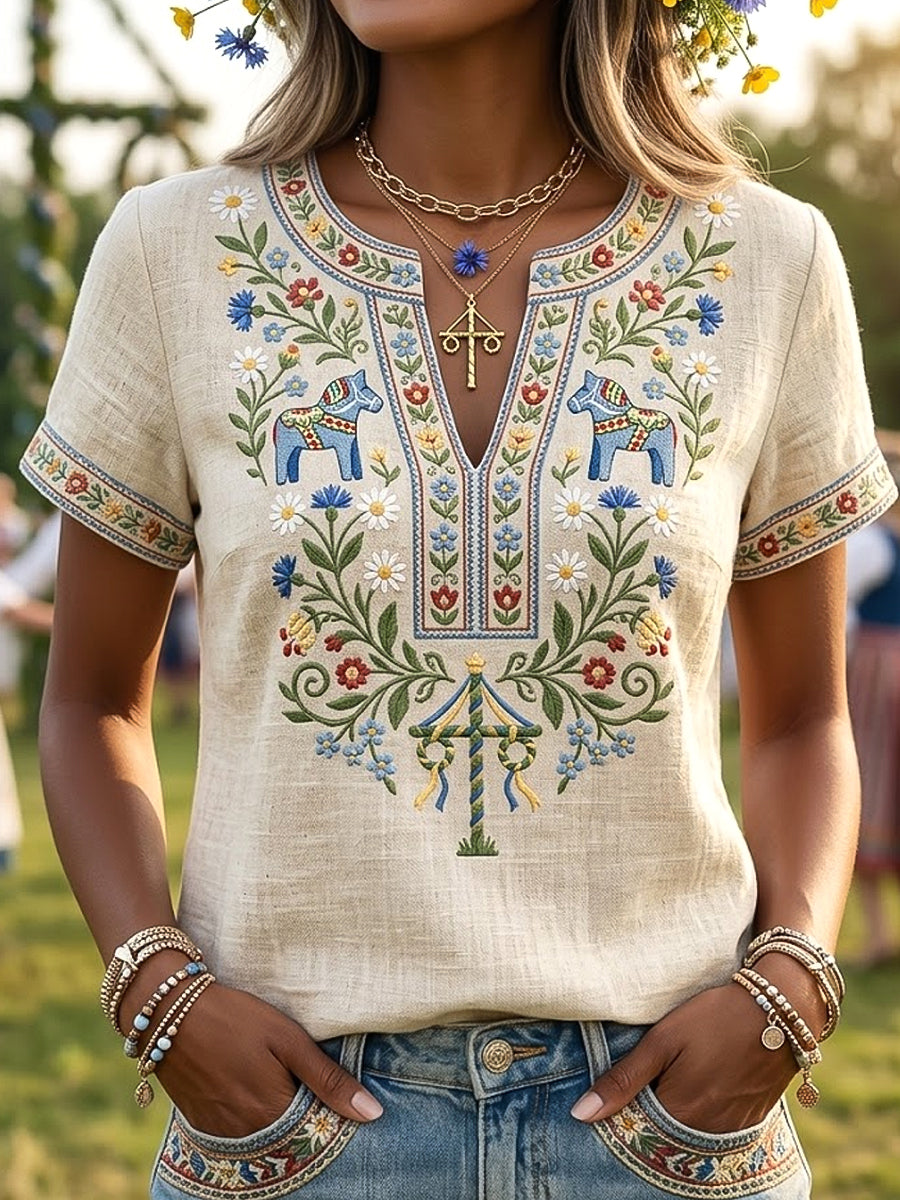 Women's Retro Swedish Midsummer Floral Casual V-Neck T-Shirt