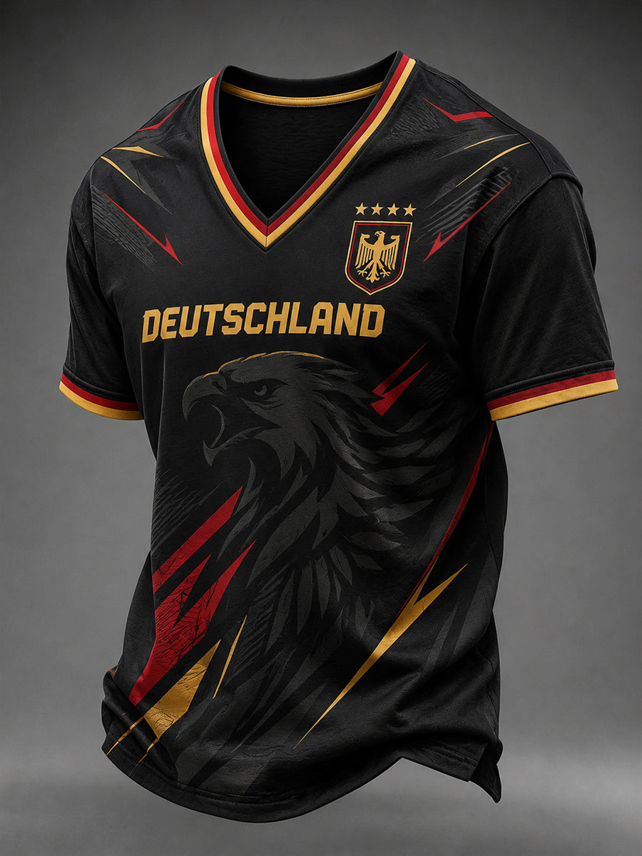 Herren-Fußballfan-T-Shirt aus Deutschland mit V-Ausschnitt und Print