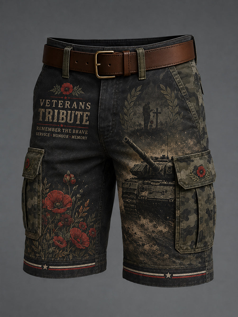 Men's Vintage Military Veteran-Themed Print Cropped Cargo Pants