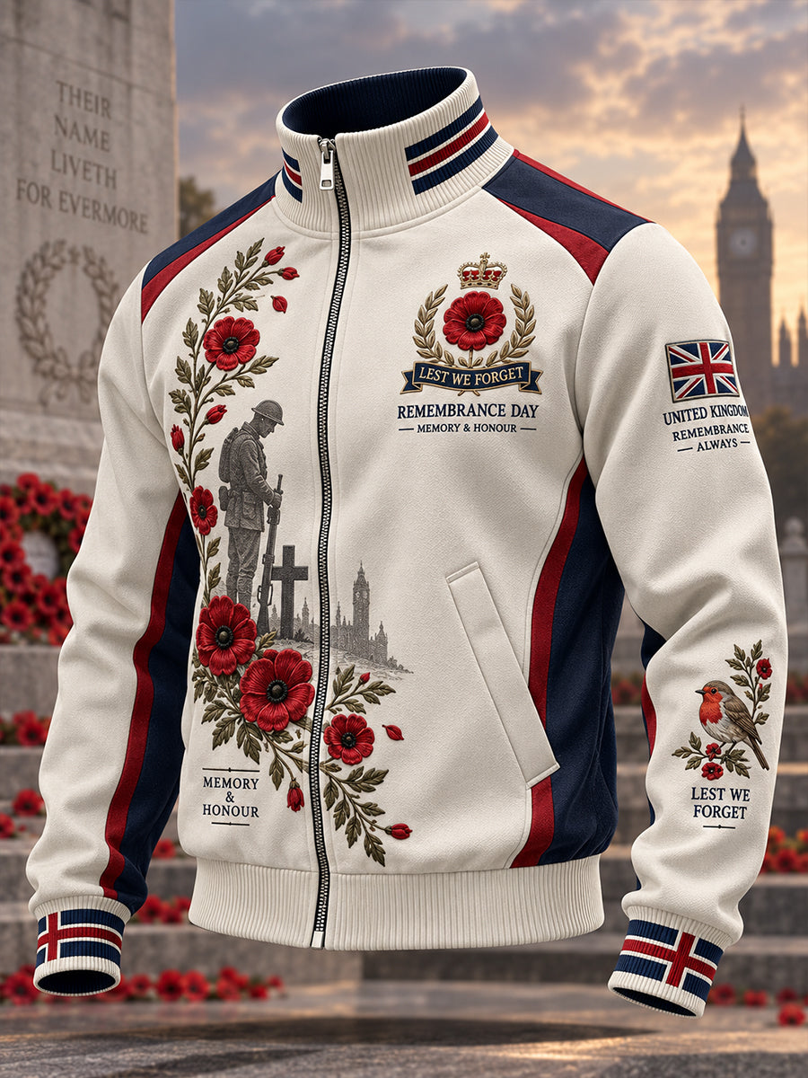 Men's Remembrance Day Print Stand-Collar Zip-Up Jacket
