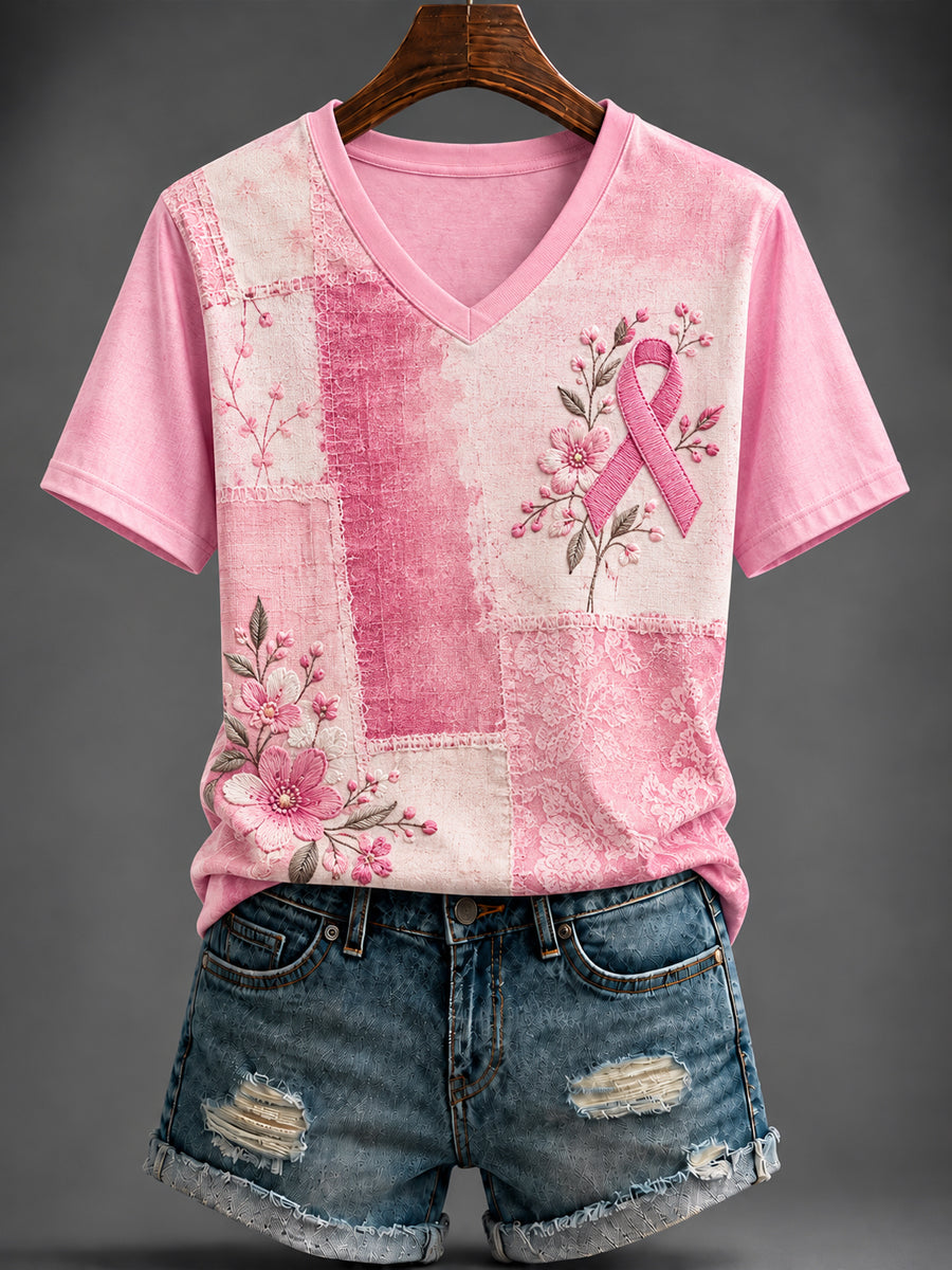 Women's Breast Cancer Pink Printed V-neck T-shirt