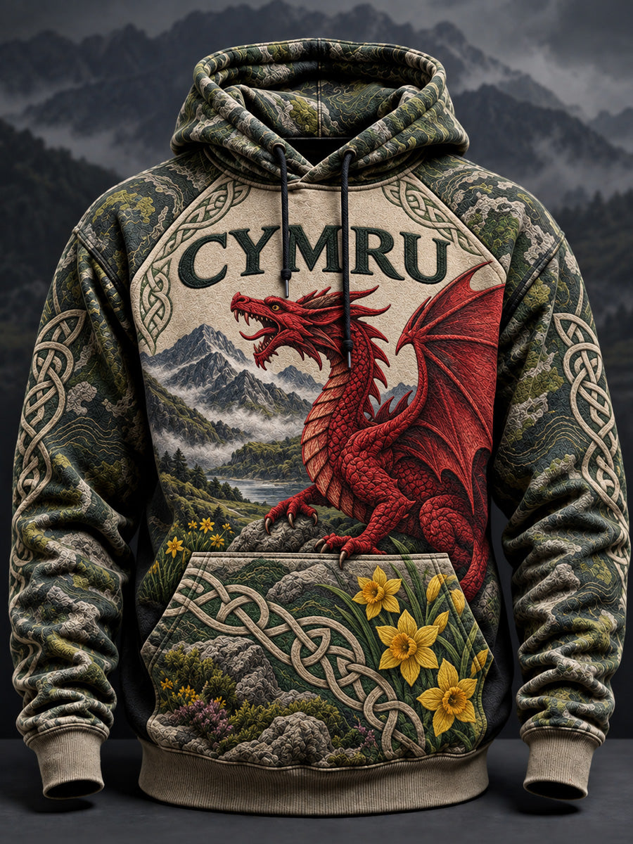 Men's Vintage-Style British Welsh Art Print Casual Hoodie