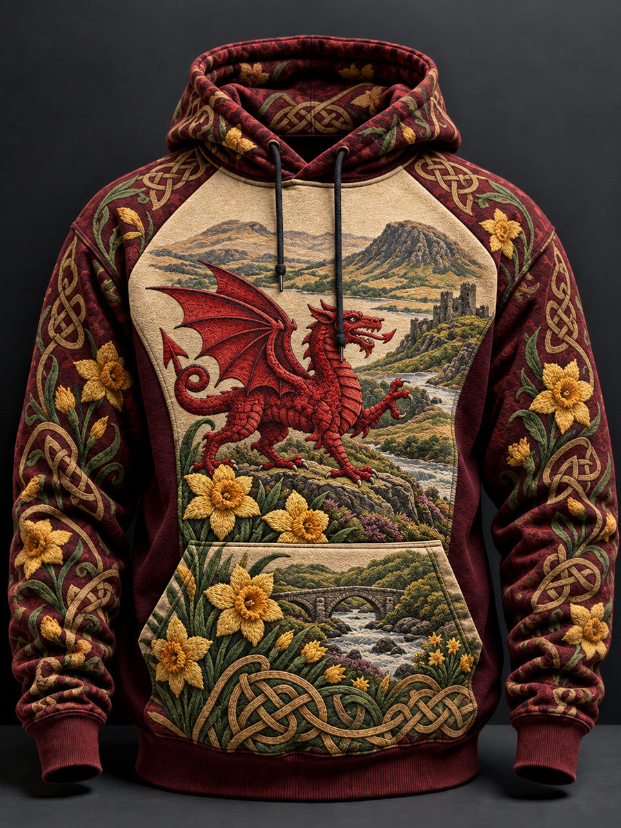 Men's Vintage-Style British Welsh Art Print Casual Hoodie
