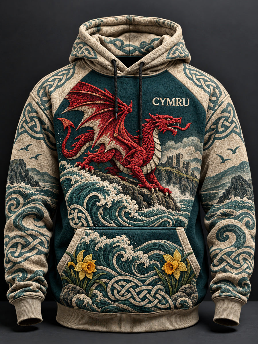 Men's Vintage-Style British Welsh Art Print Casual Hoodie
