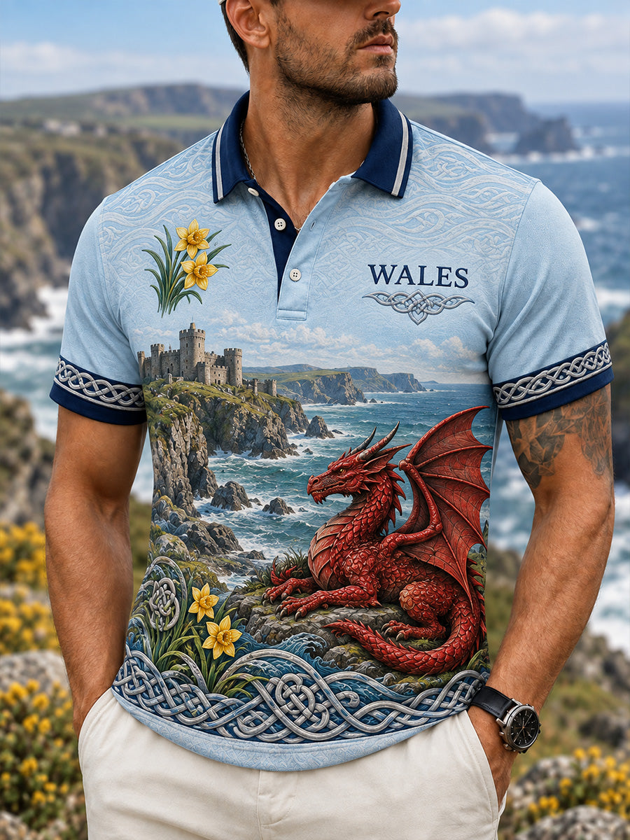 Men's Vintage-Style Casual Polo Shirt with British Welsh Art Print