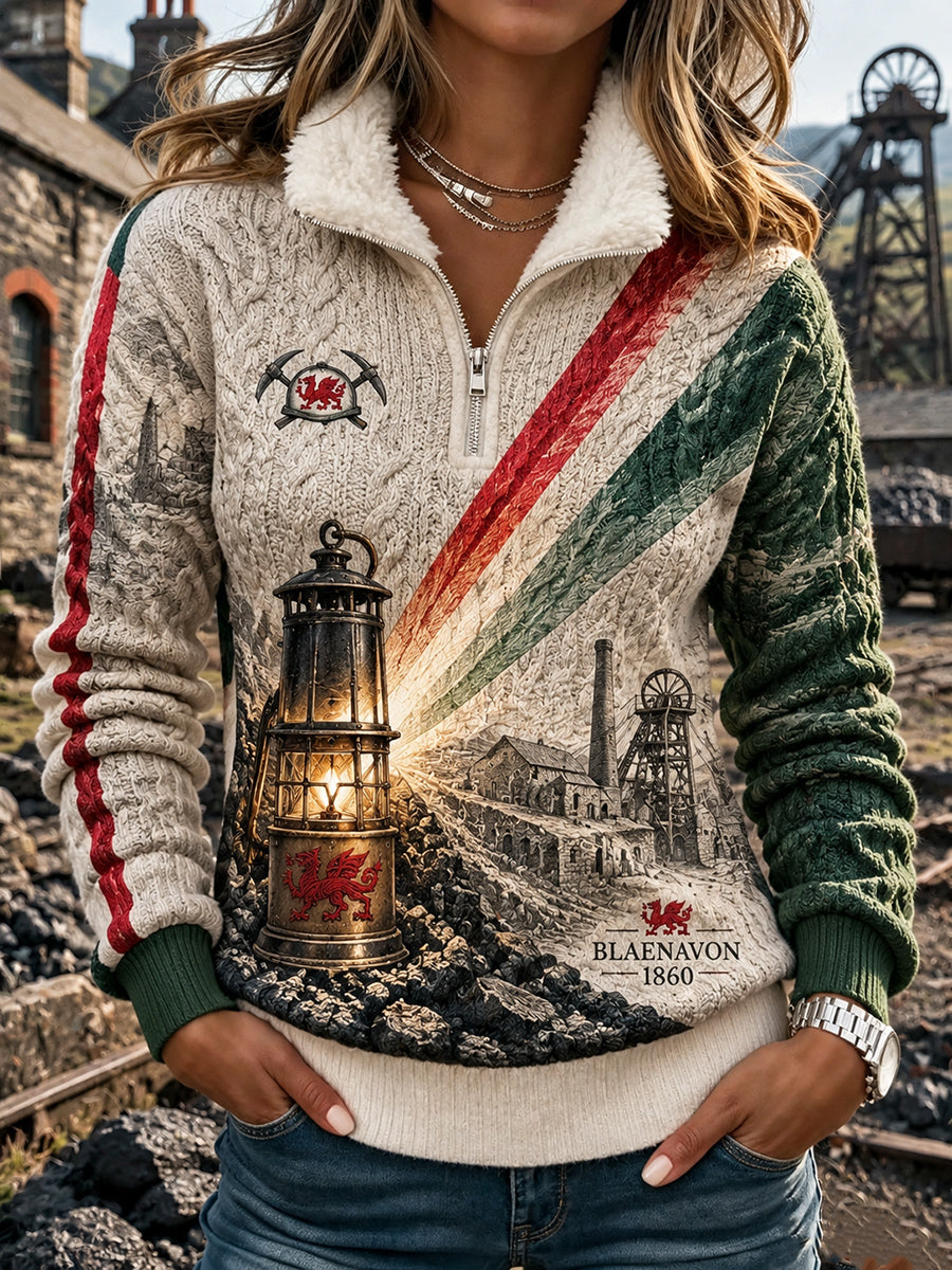 Women's Vintage British Wales Printed Fur-collar Sweatshirt