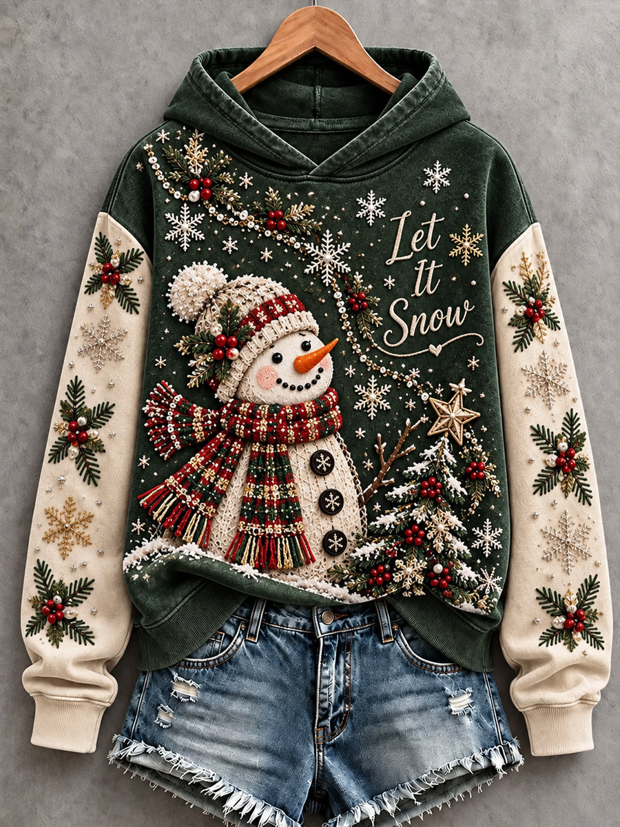 Women's Vintage Christmas "Let It Snow" Cute Snowman & Christmas Tree Art Regular Hoodie